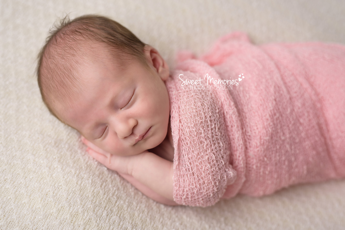 Sweet Memories Photos by Carolyn | Warwick PA | Bucks County Montgomery County Newborn Infant Baby Photographer | newborn baby girl in pink swaddle praying hands