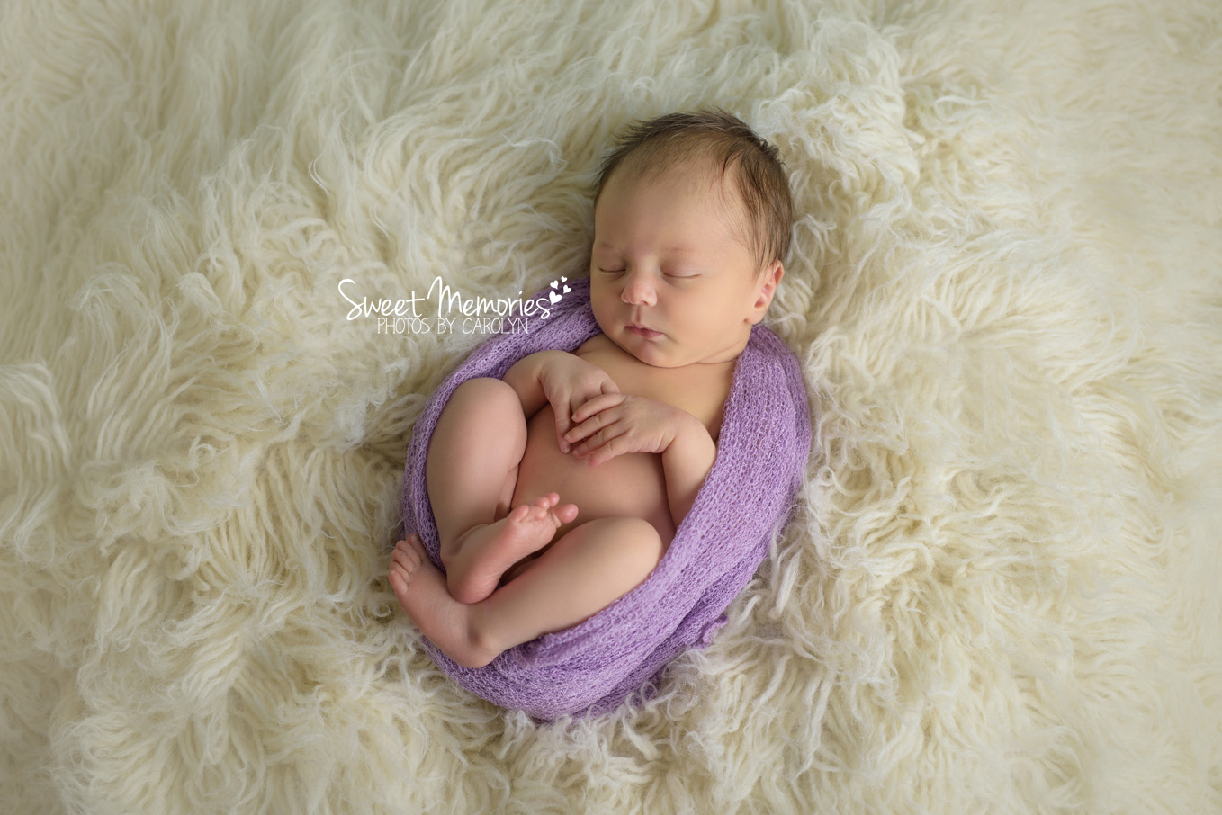 Sweet Memories Photos by Carolyn | Doylestown PA | Bucks County Newborn Infant Baby Photographer | newborn baby girl sleeping swaddled on fur