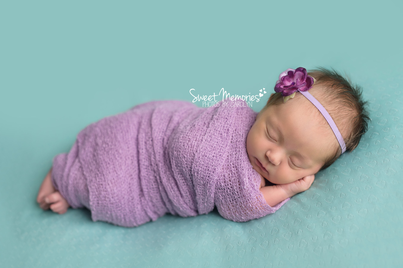 Sweet Memories Photos by Carolyn | Doylestown PA | Bucks County Montgomery County Newborn Infant Baby Photographer | newborn baby girl sleeping with purple swaddle