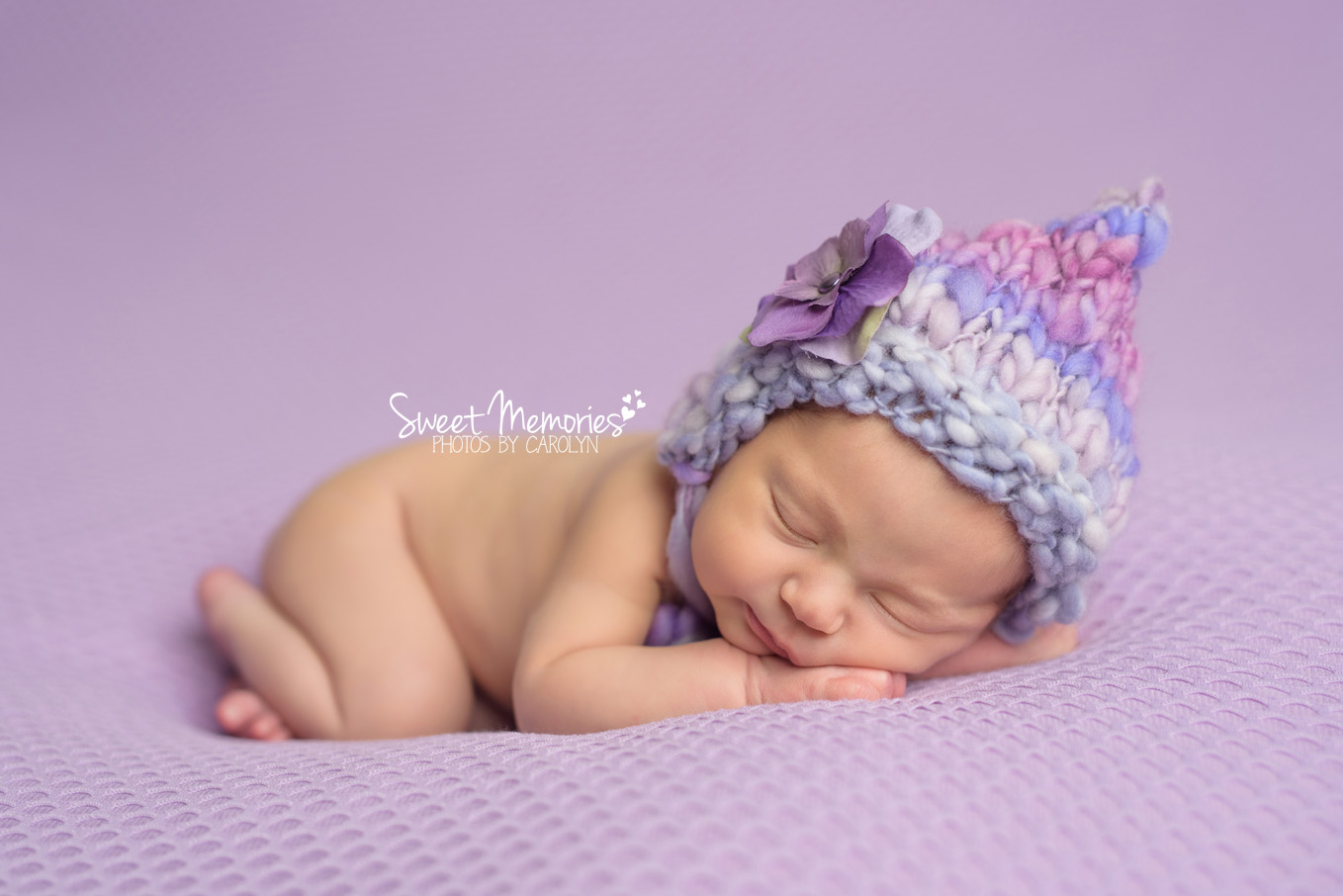 Sweet Memories Photos by Carolyn | Doylestown PA | Bucks County Montgomery County Newborn Infant Baby Photographer | newborn baby girl in purple pixie hat