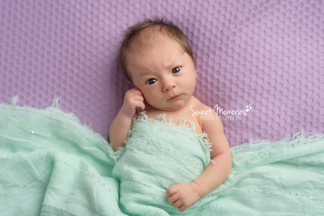 Sweet Memories Photos by Carolyn | Doylestown PA | Bucks County Montgomery County Newborn Infant Baby Photographer | newborn baby girl wide awake | purple and mint