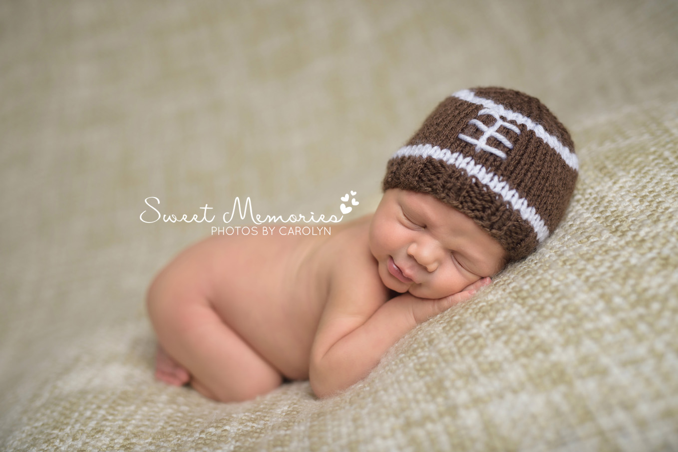 Sweet Memories Photos by Carolyn | Willow Grove PA | Bucks County Montgomery County Newborn Infant Baby Photographer | newborn baby boy sleeping with football hat