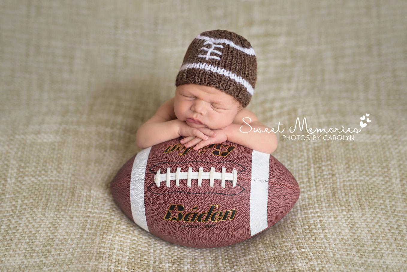 Sweet Memories Photos by Carolyn | Willow Grove PA | Bucks County Montgomery County Newborn Infant Baby Photographer | newborn baby boy sleeping on football