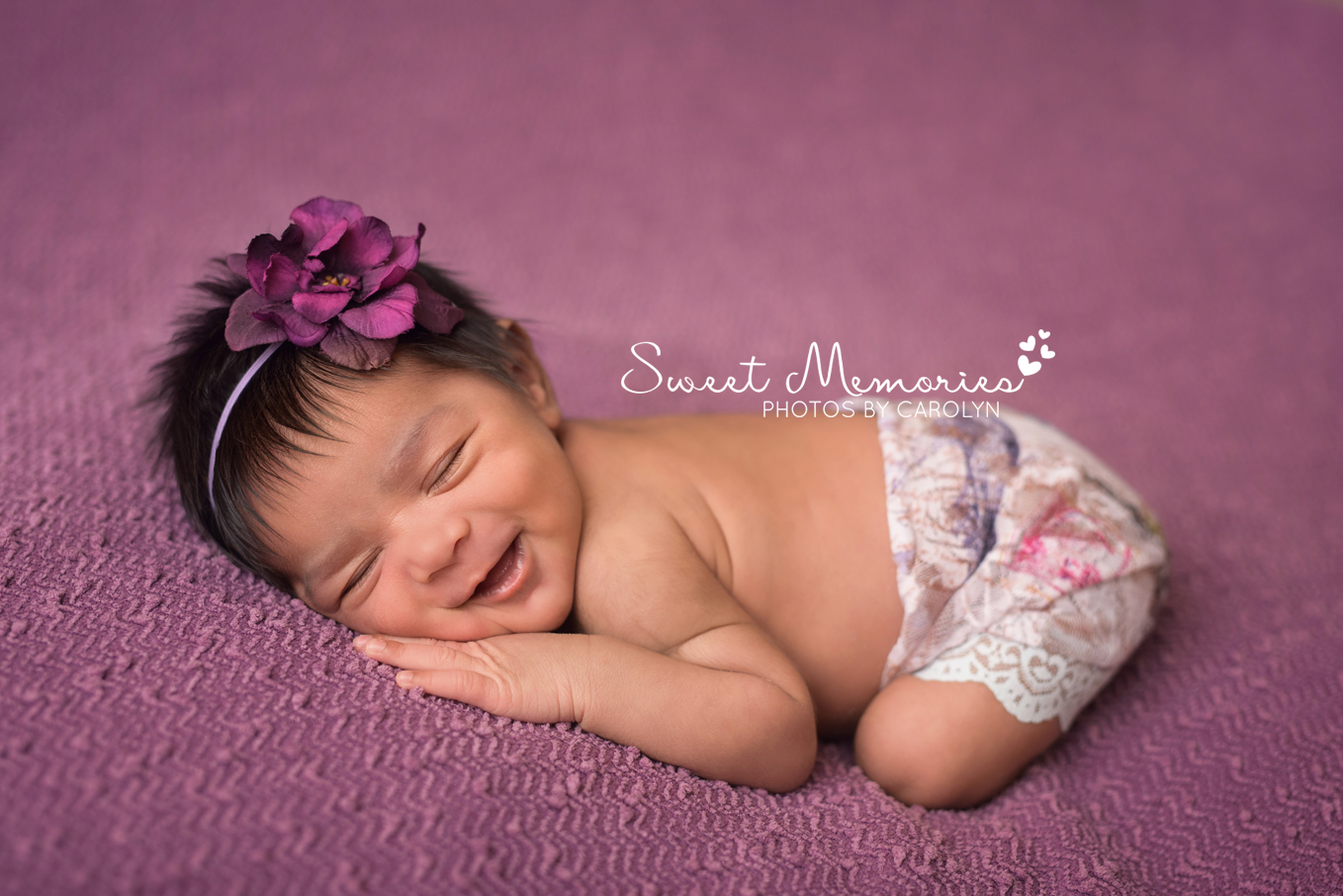 Sweet Memories Photos by Carolyn | Newtown PA | Bucks County Montgomery County Newborn Infant Baby Photographer | Indian newborn baby girl smiling