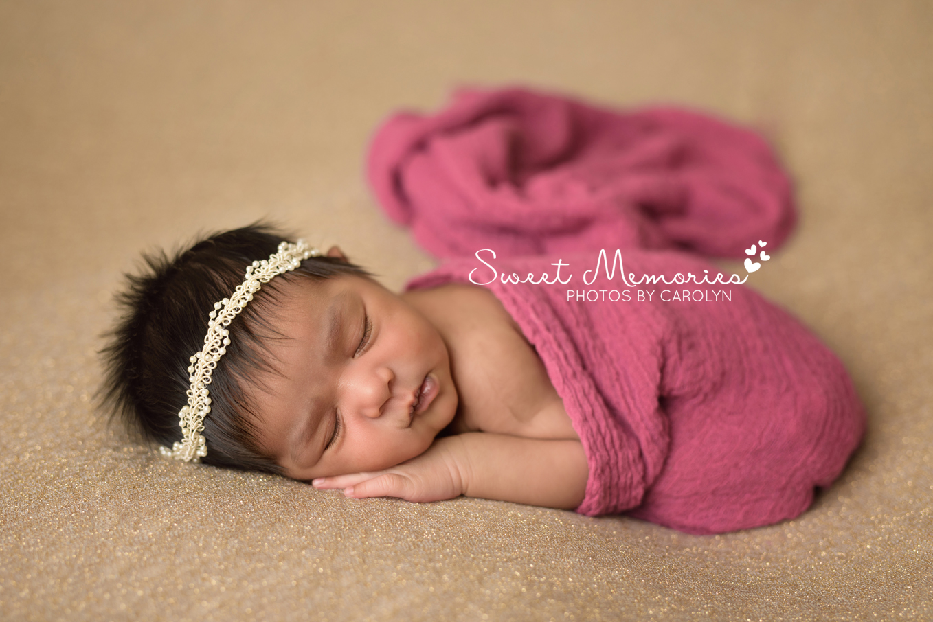 Sweet Memories Photos by Carolyn | Newtown PA | Bucks County Montgomery County Newborn Infant Baby Photographer | Indian newborn baby girl | gold and pink