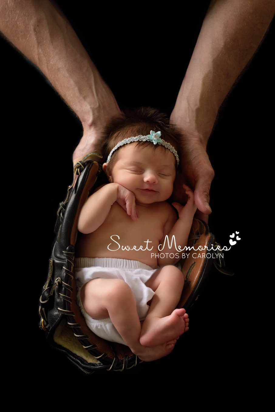 Sweet Memories Photos by Carolyn | Quakertown PA | Bucks County Montgomery County Newborn Infant Baby Photographer | newborn baby girl in baseball glove