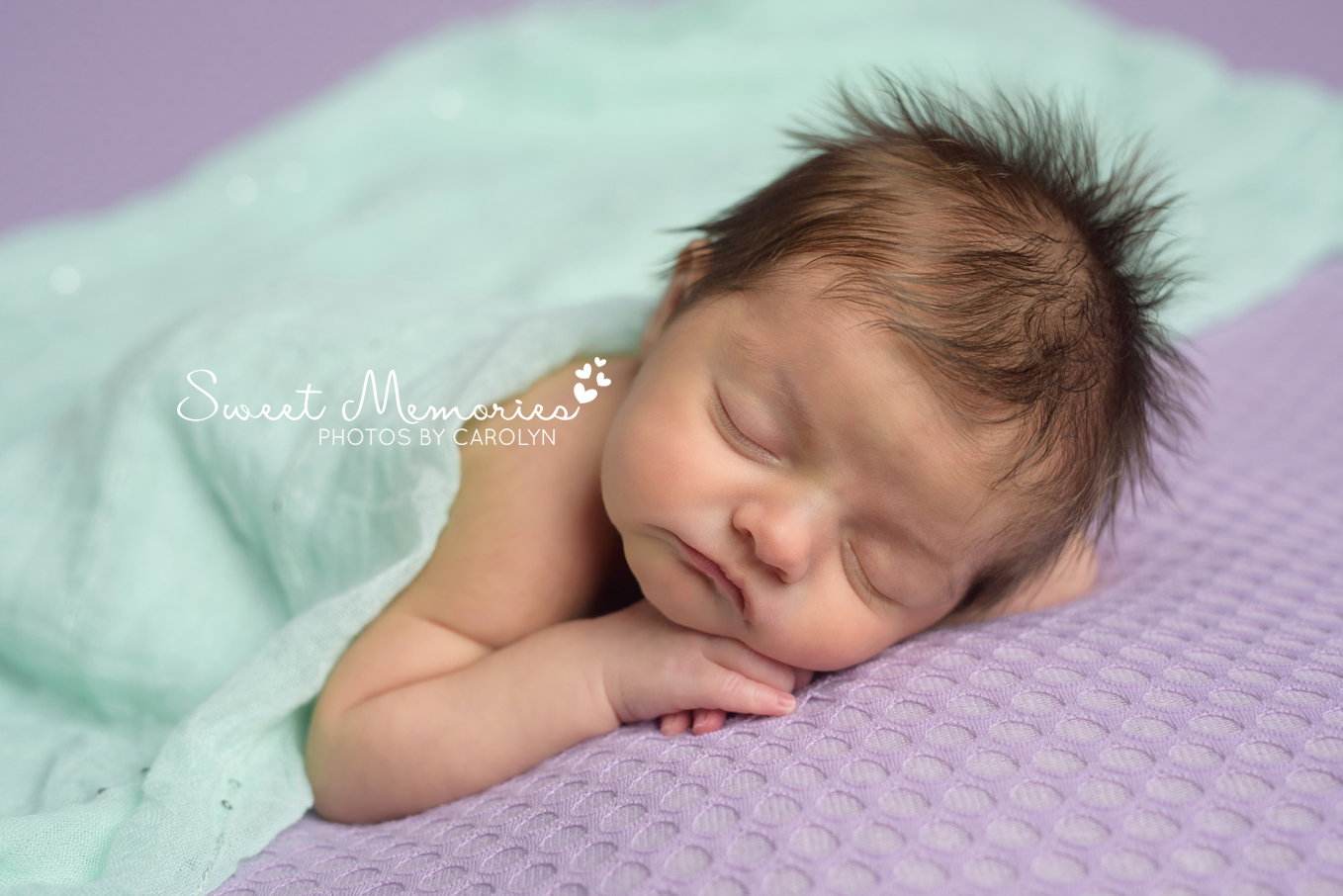 Sweet Memories Photos by Carolyn | Quakertown PA | Bucks County Montgomery County Newborn Infant Baby Photographer | newborn baby girl | purple and mint