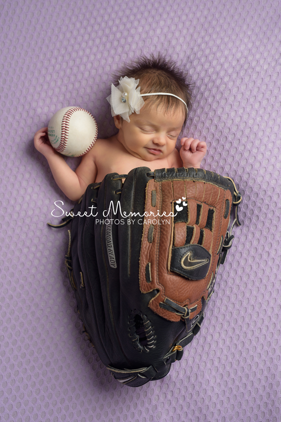 Sweet Memories Photos by Carolyn | Quakertown PA | Bucks County Montgomery County Newborn Infant Baby Photographer | newborn baby girl in baseball glove with baseball