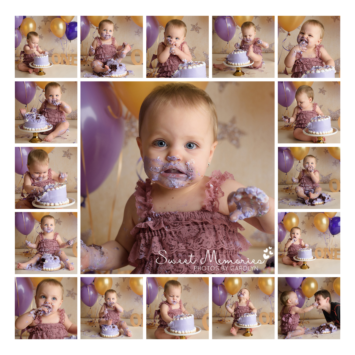 square cake smash expressions collage of one year old girl in lace romper with purple cake and gold backdrop in Quakertown Bucks County PA 