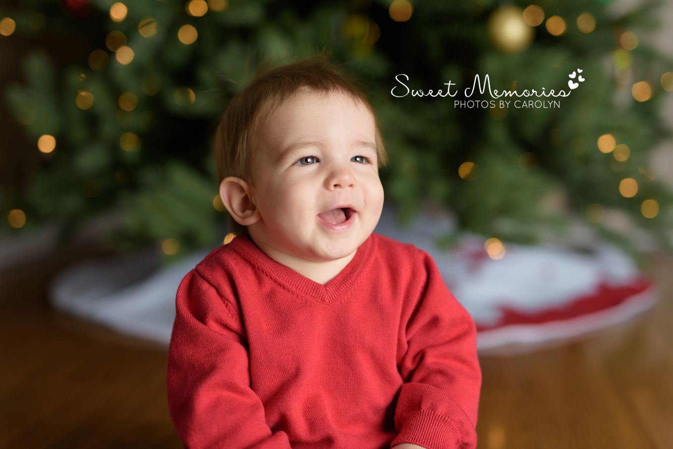 excited one year old boy in front of Christmas tree | Sweet Memories Photos by Carolyn 