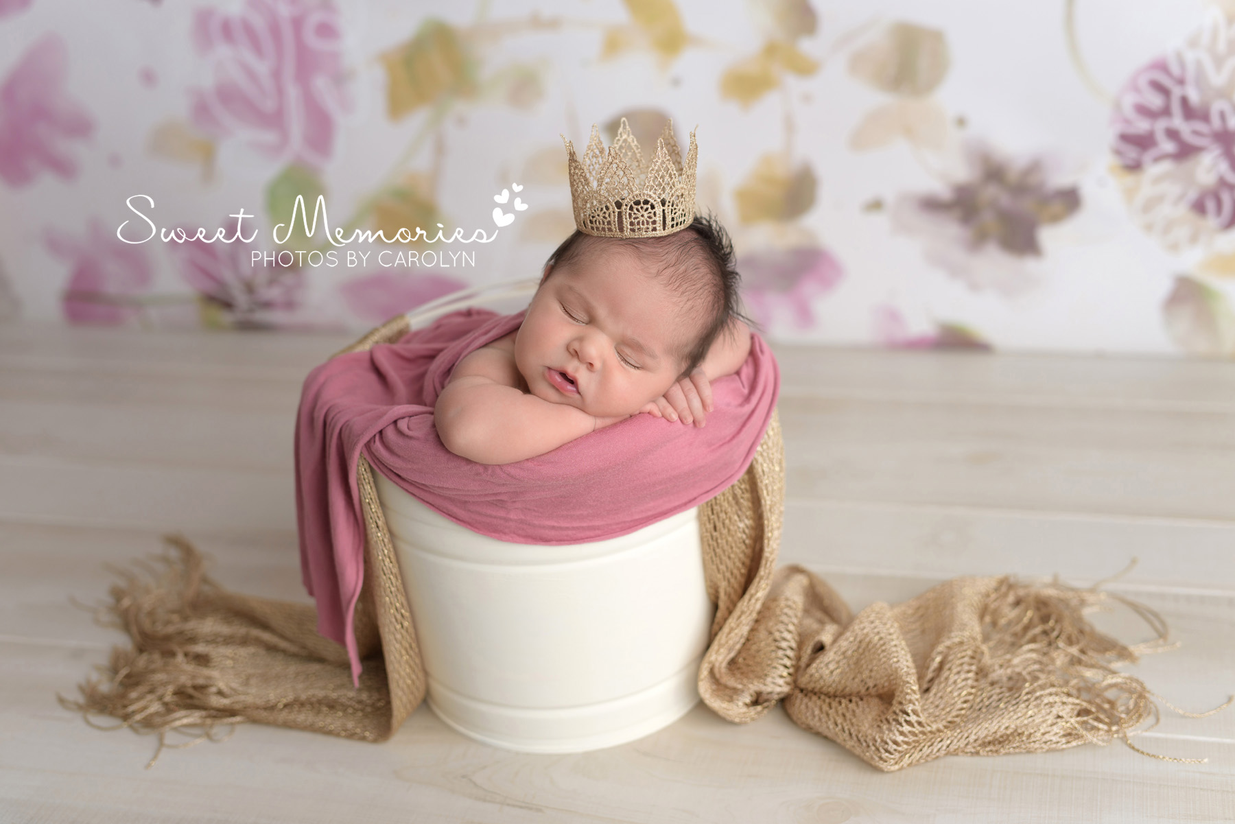 newborn baby girl in bucket pose with pink and gold crown | Coopersburg newborn photographer | Sweet Memories Photos by Carolyn Quakertown Pennsylvania