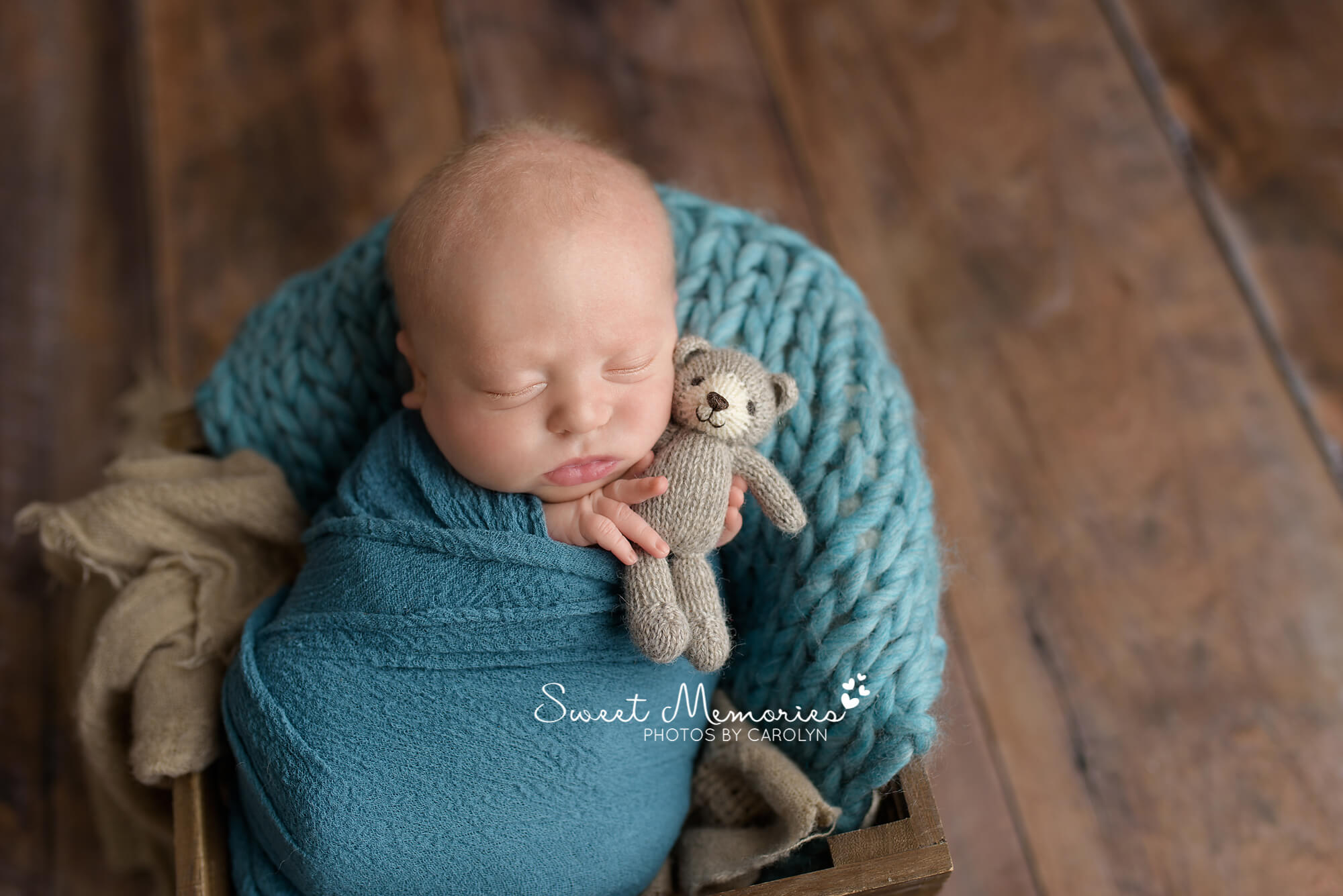 newborn baby boy swaddled in blue with small teddy bear | Warrington, PA newborn photographer | Sweet Memories Photos by Carolyn, Quakertown Pennsylvania
