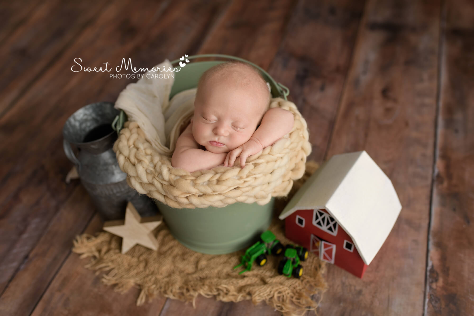 newborn baby boy in bucket pose with farmer props | Warrington, PA newborn photographer | Sweet Memories Photos by Carolyn, Quakertown Pennsylvania
