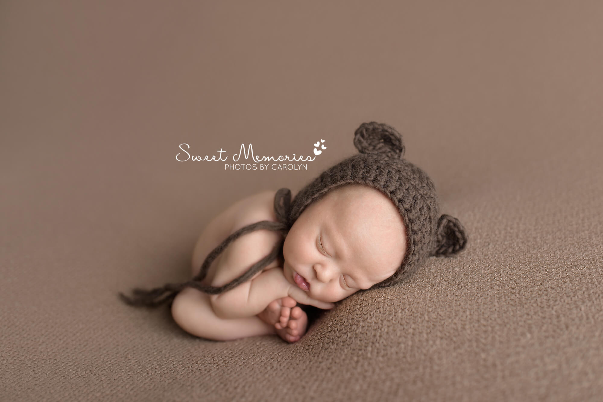 newborn baby boy in taco pose with brown bear hat | Warrington, PA newborn photographer | Sweet Memories Photos by Carolyn, Quakertown Pennsylvania