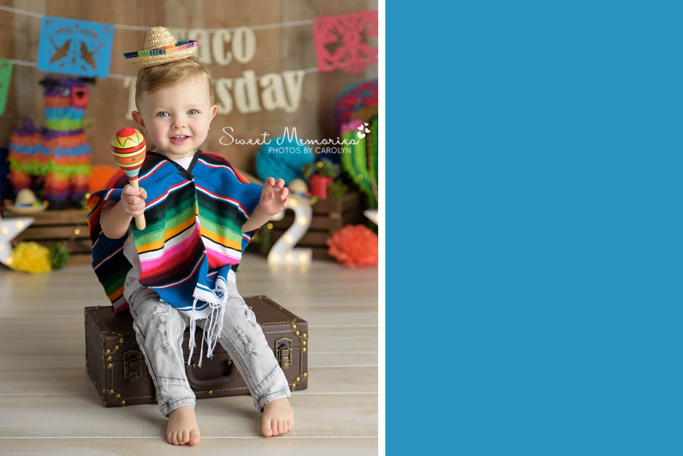 two year old boy with poncho and maracas for taco twosday birthday pictures