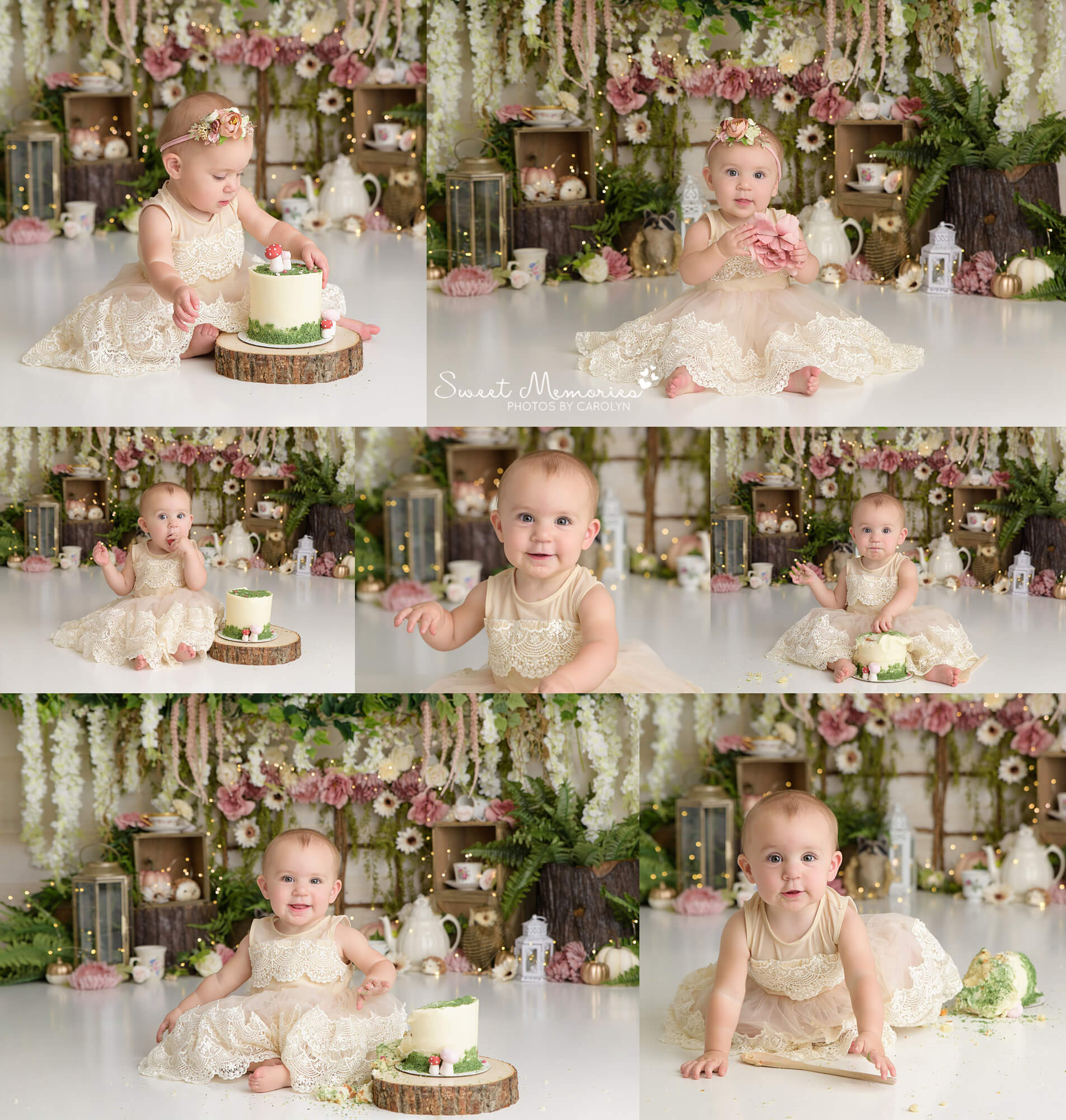 woodland tea party themed cake smash for one year old
