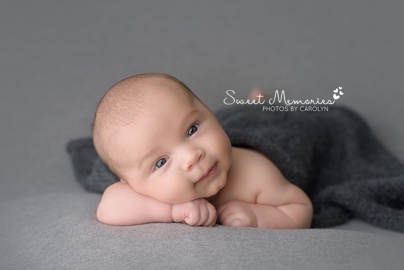  Awake Newborn Boy Baby Photography on gray | Austin Texas Baby Photography | Sweet Memories Photos by Carolyn