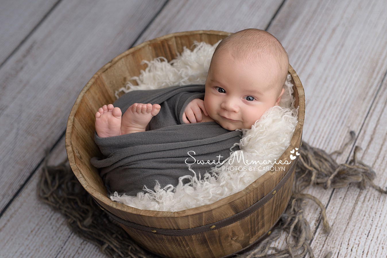  Awake Newborn Boy Baby Photography in bucket | Austin Texas Baby Photography | Sweet Memories Photos by Carolyn