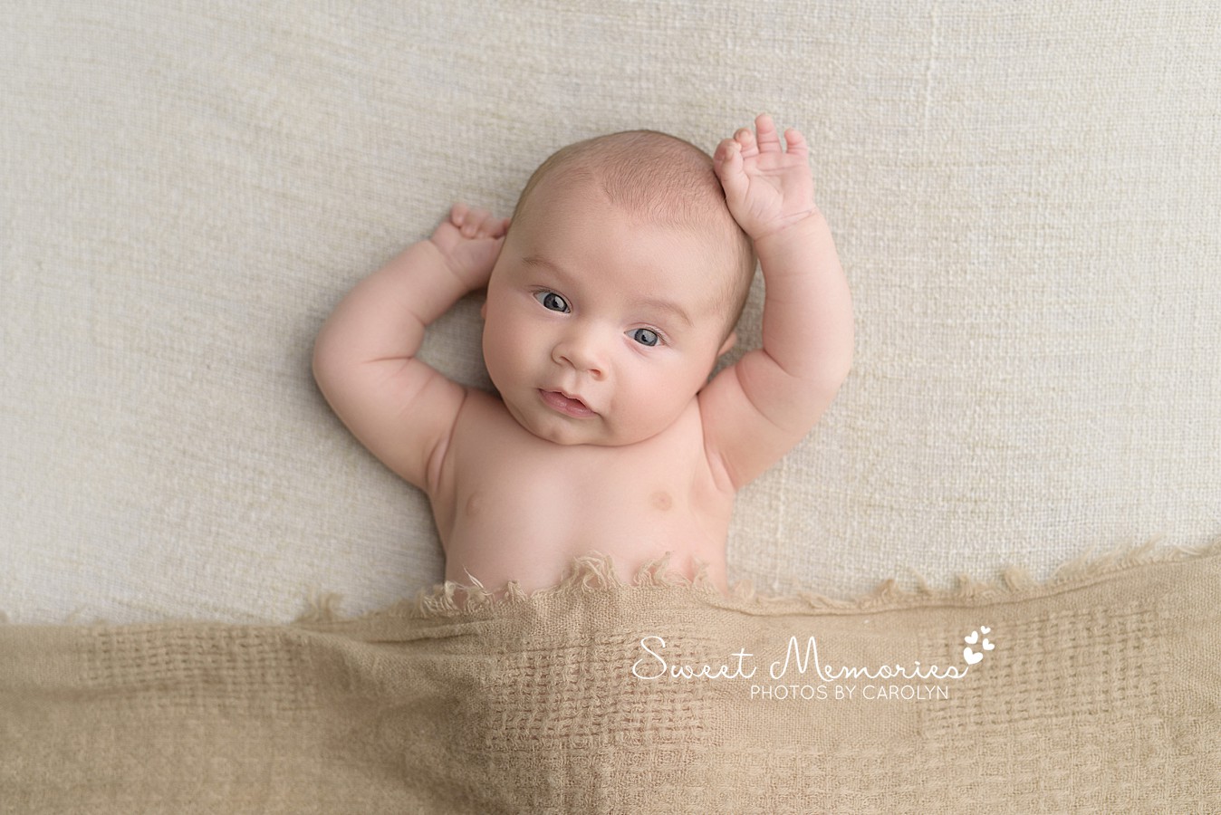  Awake Newborn Boy Baby Photography on cream | Austin Texas Baby Photography | Sweet Memories Photos by Carolyn