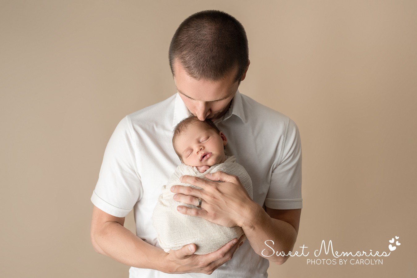 Wrapped Newborn Boy in cream with dad Newborn Photography | Austin Texas Area Newborn Photographer | Sweet Memories Photos by Carolyn