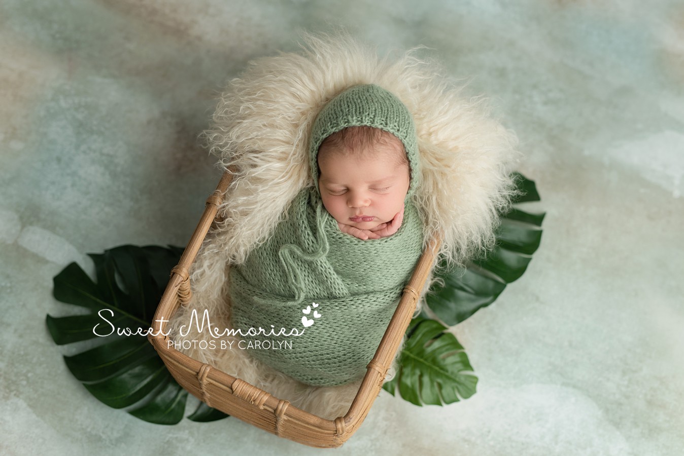 Wrapped Newborn Boy in green Newborn Photography | Austin Texas Area Newborn Photographer | Sweet Memories Photos by Carolyn