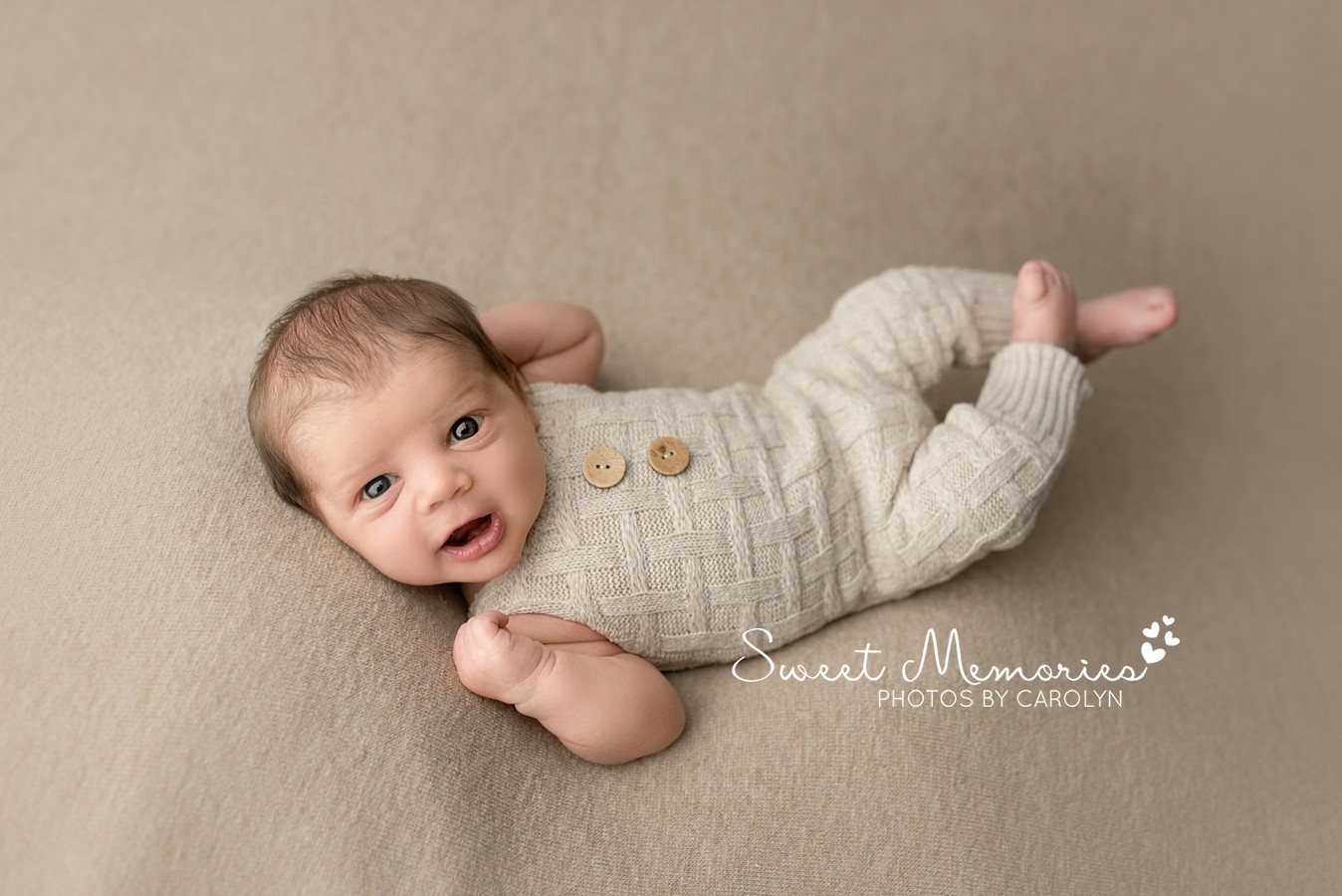 Awake Smile Newborn Boy in outfit Newborn Photography | Austin Texas Area Newborn Photographer | Sweet Memories Photos by Carolyn