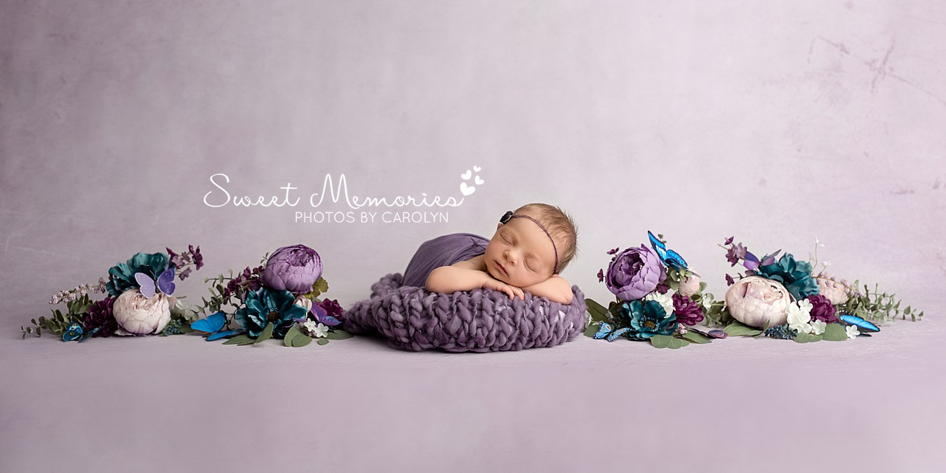 Newborn girl purple butterfly floral theme session | Austin newborn with family photography | Sweet Memories Photos by Carolyn