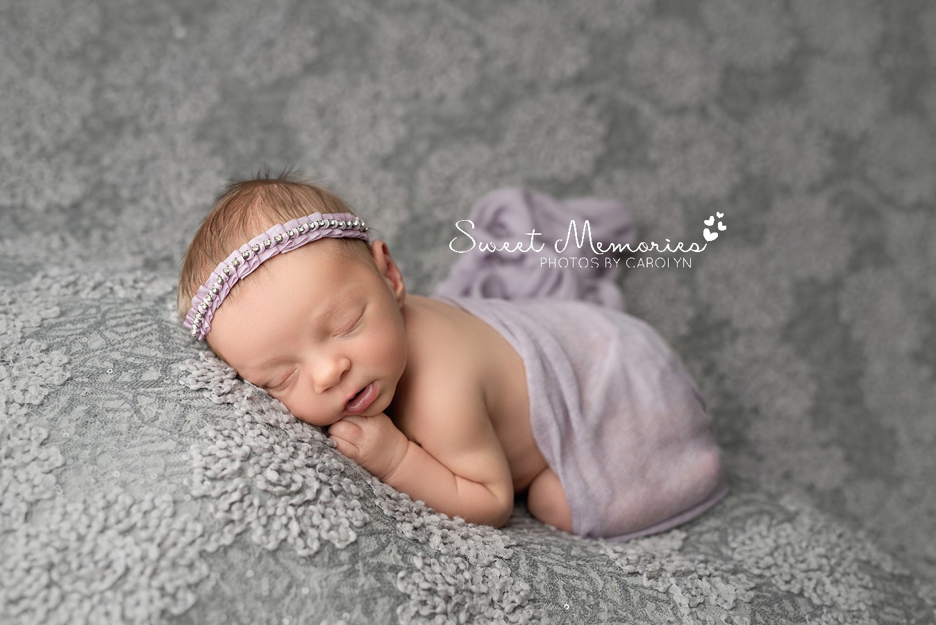 Newborn girl purple butterfly floral theme session on gray | Austin newborn with family photography | Sweet Memories Photos by Carolyn